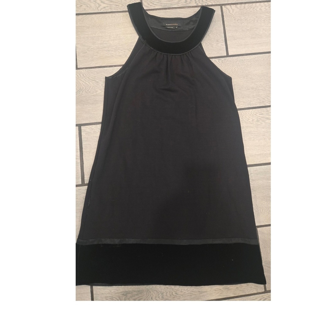 BCBGMAXAZRIA Black Velvet Trim Halter Neck Shift Dress with Pockets Silk Blend S